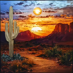 a cactus in the desert against a sunset