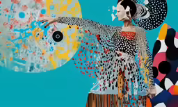 a woman is flying her bird on a blue background