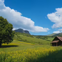 a small cabin is nestled between two large trees