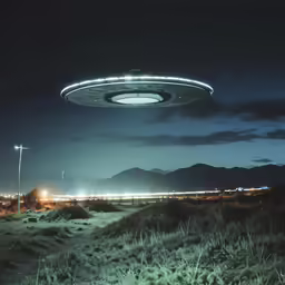a dark - night scene of a large spaceship above the ground