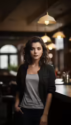 a beautiful young woman sitting at a bar
