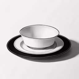 the black and white saucer is set next to the black plate