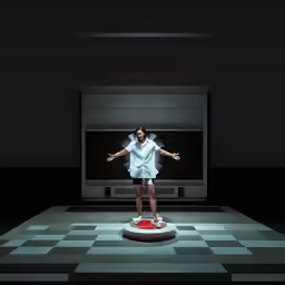 a woman in white is standing in front of a screen