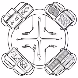 a circle with various bags and items around it,a coloring page featuring an oval image with compartments and contents in the middle,an illustration of a collection of luggage on a white background,an image of various objects arranged around the center,some backpacks and a cigarette on a table