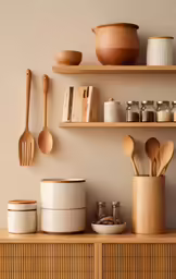 kitchen utensils and jars arranged on top of shelves