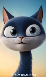 the animated character has very large blue eyes