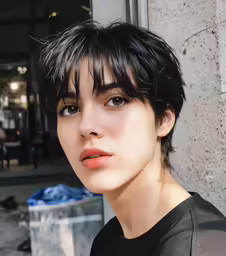 a woman with a very short face near some concrete walls