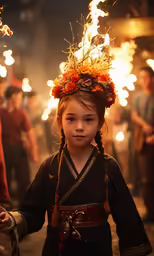 a girl wearing an asian costume holding torches