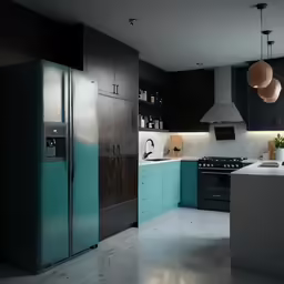 kitchen with lots of counter space and appliances in dark colors