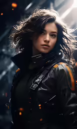 a woman in leather jacket posing in front of the camera