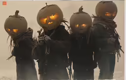 people wearing carved pumpkin faces walking through the snow
