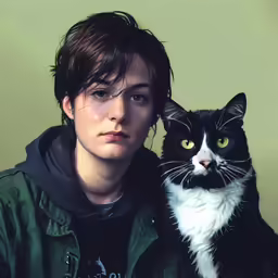a woman standing next to a black and white cat