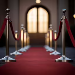 an elegant red carpet and rope leading to a doorway