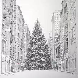 snow covers a street that is lined with trees
