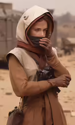 a woman wearing a brown cape and carrying a camera