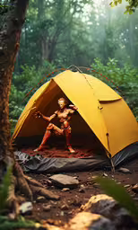 there is a woman statue inside a tent in the woods,a yellow tent with a woman inside of it in the forest