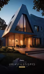 a house with the lights on at dusk