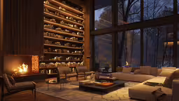 a living room with the walls filled with shelves,a living room filled with furniture and a fire place