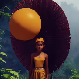a girl poses next to an orange parasol