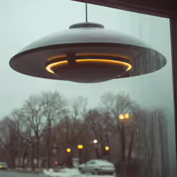 a light hangs from a window, in the rain
