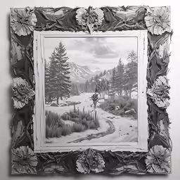 a framed photo of the mountains covered in snow