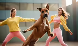 two beautiful young women are dancing with dog