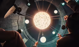 two people standing in front of a big light