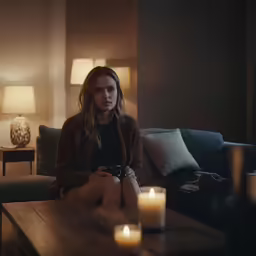 a woman sitting in a chair next to a table