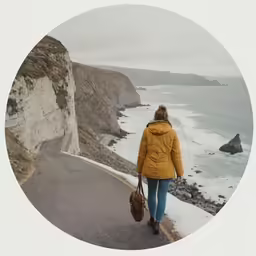 the woman is walking along the road beside the water