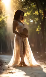 a pregnant woman standing in front of trees in a dress