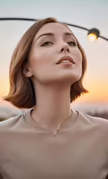 a woman wearing a necklace stands under a street light