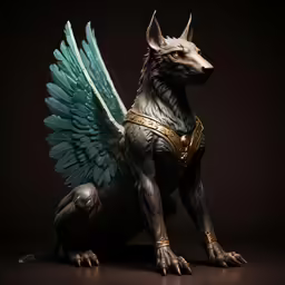 a statue of a sphinx dog with wings and gold detailing