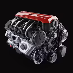 a red engine with four rows of parts around it