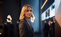a blonde woman in a black suit standing next to people
