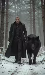man walking along snowy path with a black wolf