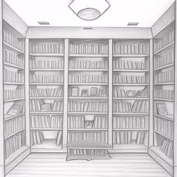 drawing of bookcases and bookshelves in a room,an image of a library in the day time,a room filled with shelves with books,a drawing of a bookcase with books,there are several shelves with many books