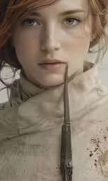 a woman with a shear in her hand and blood on the top