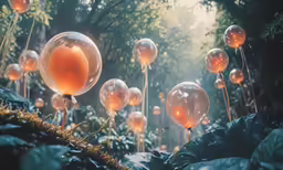 a group of orange and white balls in the air