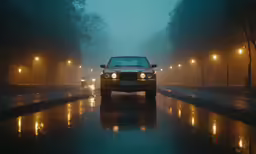 a car on the road in the rain during night