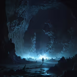 a person standing in a cave with blue lights