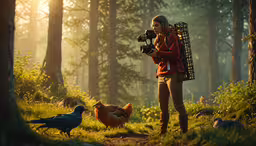 a person that is taking pictures of birds in the forest,a woman holding a camera over some ducks