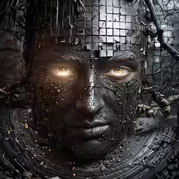 the digital painting shows an image of a woman with eyes glowing