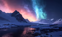 an aurora light shines in the background of snowy mountains