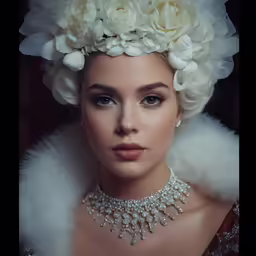 a woman with flowers in her hair posing for a picture