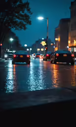 some cars driving on the road in the rain at night