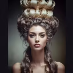 a close up of a woman with curly hair in front of a black background