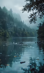 a tree stands on a lake in the mist