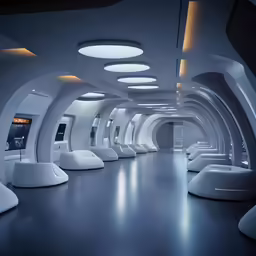 the interior of a futuristic subway car with an arch shaped ceiling