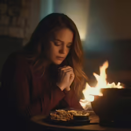 a woman sitting at a table with a lit candle