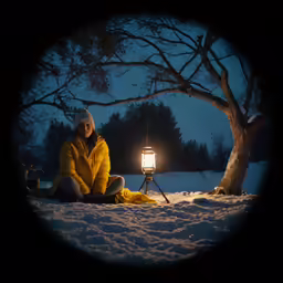 the woman in yellow is sitting on snow with a lantern